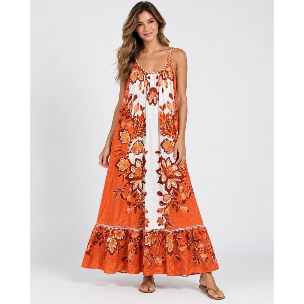 Farm Rio Aura Cream Lenzing Ecovero Maxi Dress Womens XXS Multicolor 2XS EUC